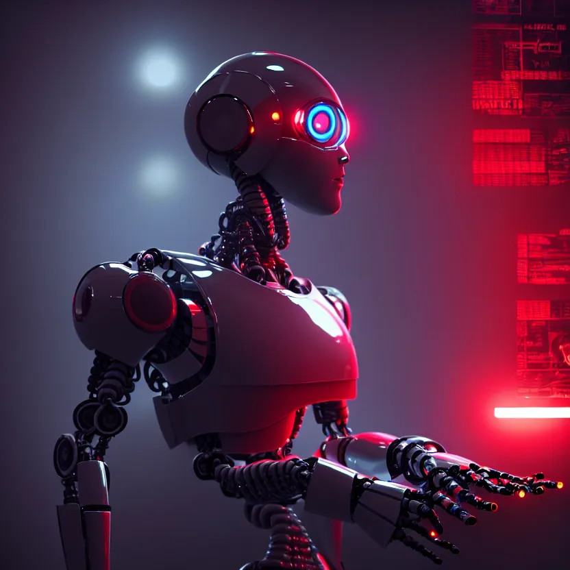 Image similar to a film still of a robot with red eyes playing video games, cool, photo, realistic, hd, intricate details, soft lighting, cyberpunk, cinematic, beautiful, 1 6 k