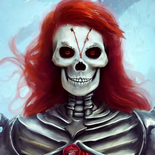 Prompt: cute & beautiful smug smiling undead skeleton girl with very attractive face and red hair dressed as a knight, elegant, digital art, fullbody painting, fantasy, pixar style, painting, pin up, highly detailed, artstation, art by artgerm, vrubel, greg rutkowski, ilya kuvshinov, raymond swanland