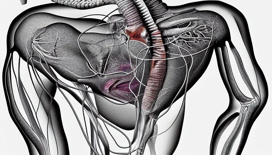 Image similar to psychedelic anatomically accurate labeled medical diagram of centaur, intricate parts, fine details, hyper realistic, elegant minimalism, by seichen, surreal
