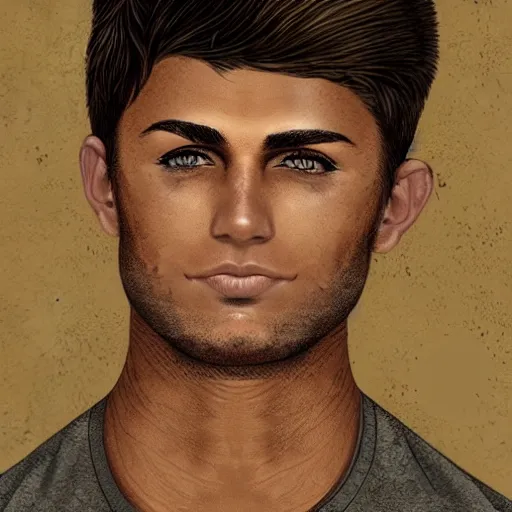 Image similar to incredibly detailed illustration of a suntanned american 18 year old male with brown hair in Kurdistan, award winning art, intricate, beautiful