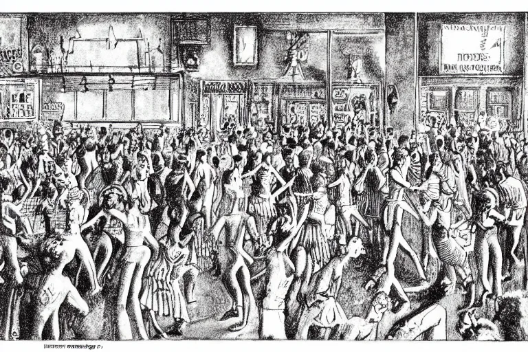 Prompt: a packed dance floor at a nightclub, illustration by maurice sendak, award winning illustration, highly detailed