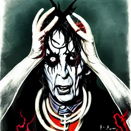 Image similar to graphic illustration, creative design, alice cooper as satan, biopunk, francis bacon, highly detailed, hunter s thompson, concept art