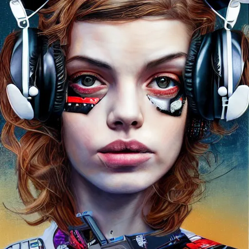 Image similar to a portrait of beautiful, mischievous, young woman by sandra chevrier, detailed render, tape deck, boombox, headphones, epic composition, cybernetics, 4 k realistic, cryengine, realistic shaded lighting, sharp focus, masterpiece, by matteo scalera, gary montalbano, peter elson in the style of the tokyo ghost comic