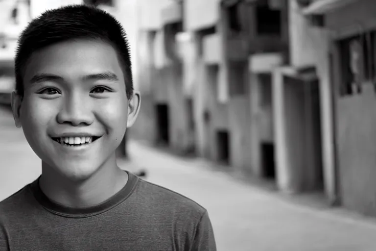 Prompt: still photo of a filipino teenange boy smiling at the camera on the street, black and white color aesthetic, highly detailed, photorealistic portrait, bright studio setting, studio lighting, crisp quality and light reflections, unreal engine 5 quality render