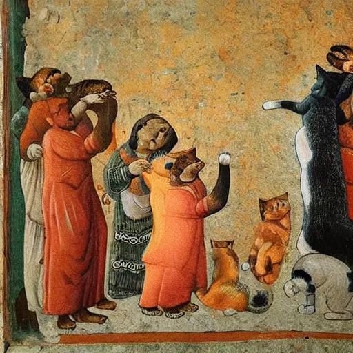 Prompt: cats being worshipped, fresco painting