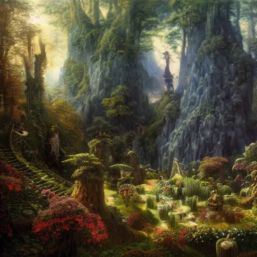 Image similar to a beautiful and highly detailed matte painting of a magical garden of delights in a mystical forest in a dream like valley deep in the misty mountains of avalon, intricate details, epic scale, insanely complex, 8 k, sharp focus, hyperrealism, very realistic, by caspar friedrich, albert bierstadt, james gurney, brian froud,