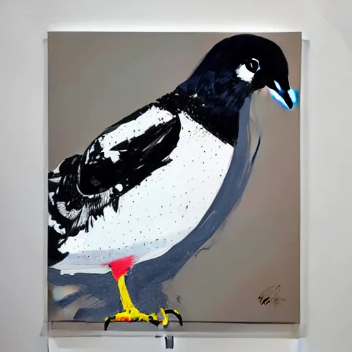 Image similar to aggressive pigeon, painted by Conrad Roset, detailed brushstrokes