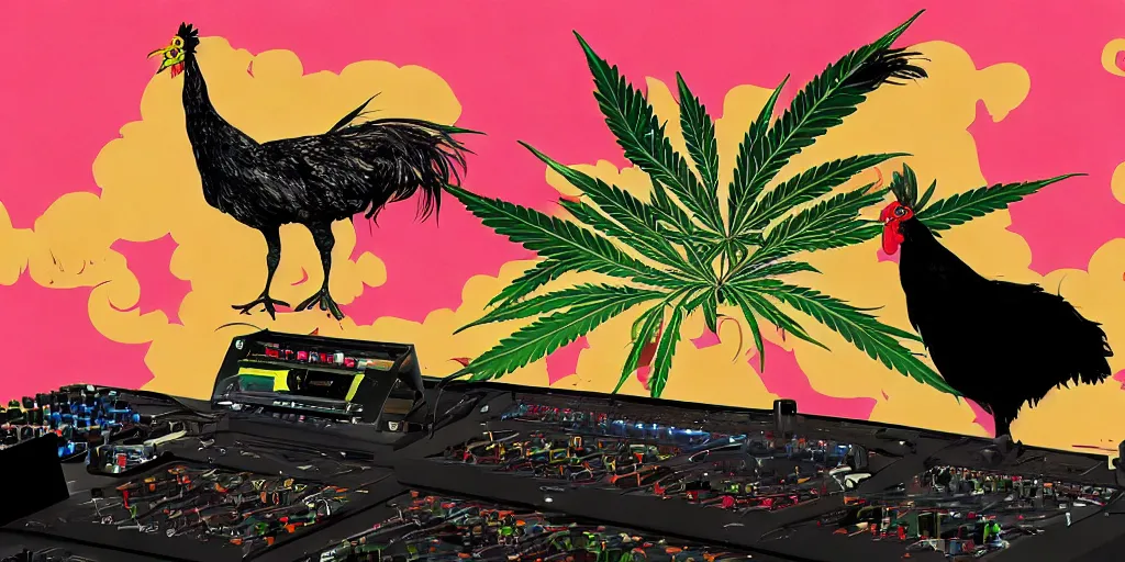 Image similar to 'black chicken'!!! smoking 'cannabis'!!!!!! in front of 'audio console'!!!! and 'multi monitors'!!!! 'in a hi-tech tv broadcasting studio'!!!!, artwork by James Gilleard