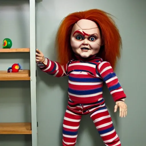 Prompt: Chucky the killer doll in a play room full of toys