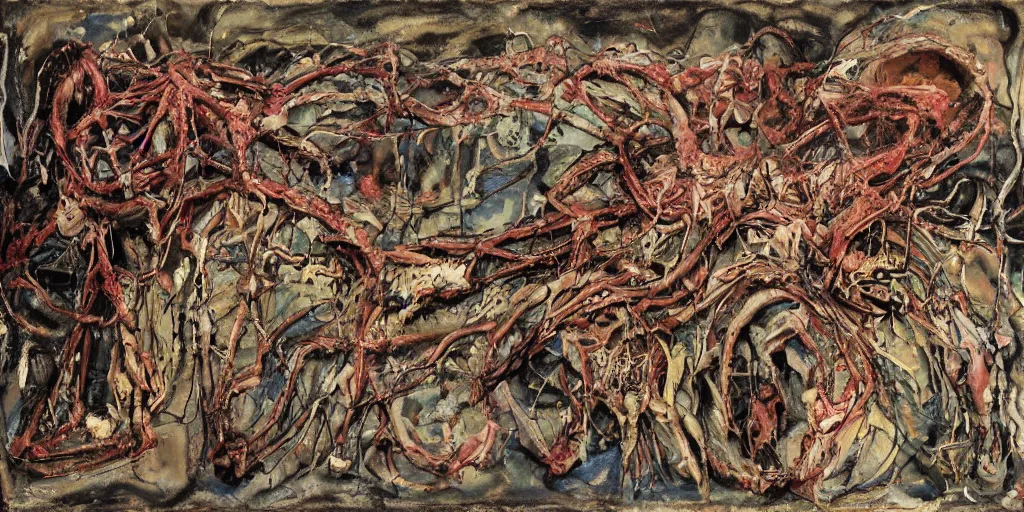 Image similar to biomechanical talisman of suffering, rotting, fungus, wings by maggi mcdonald, jackson pollock, mark rothko, sabina klein