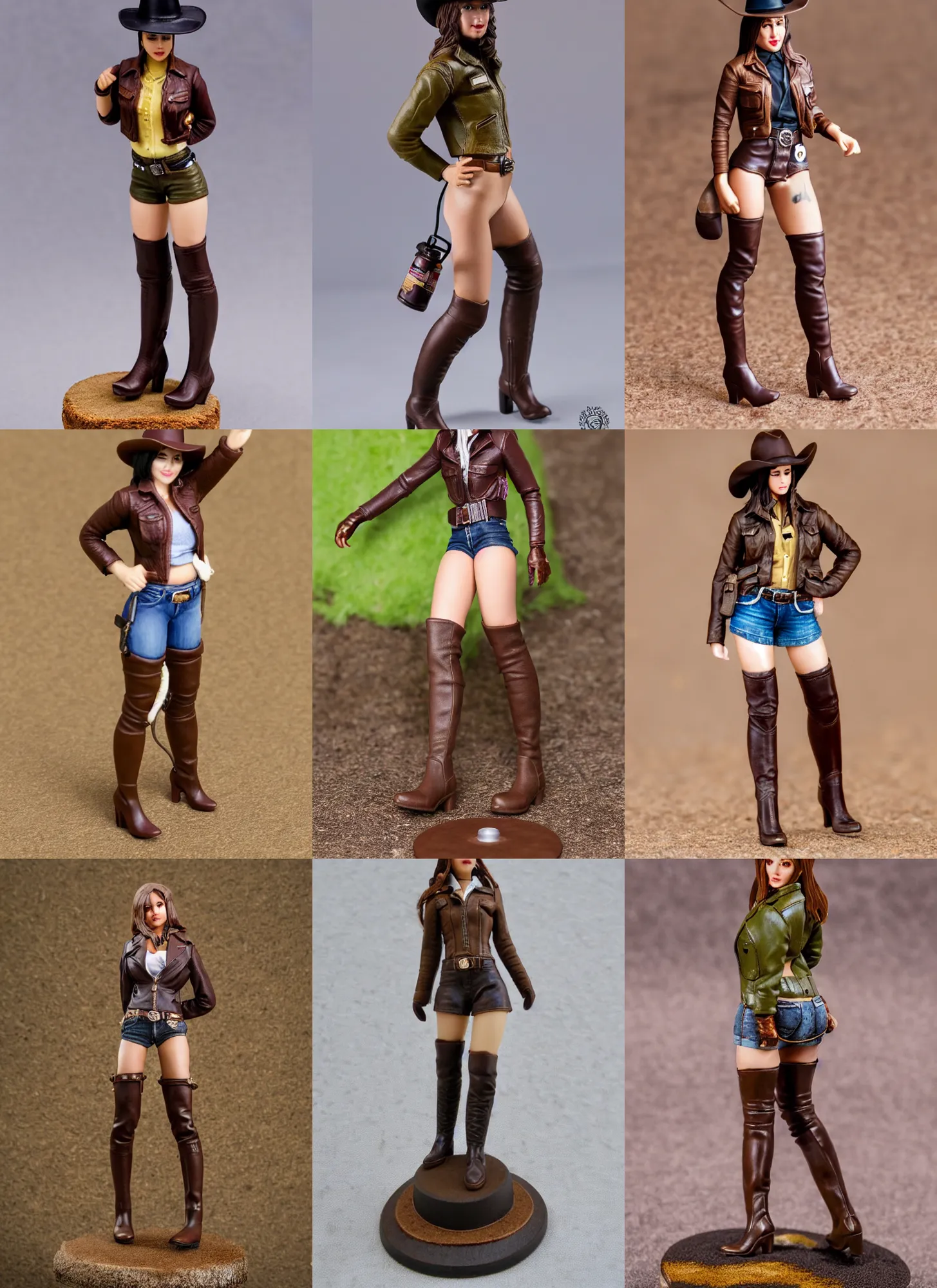 Prompt: 80mm resin detailed miniature of a cow girl, Short brown leather jacket, ten-gallon hat, over-knee boots, navel, olive thigh skin, on textured disc base; Miniature product Introduction Photos, Company Logo, 4K, Full body; Front view