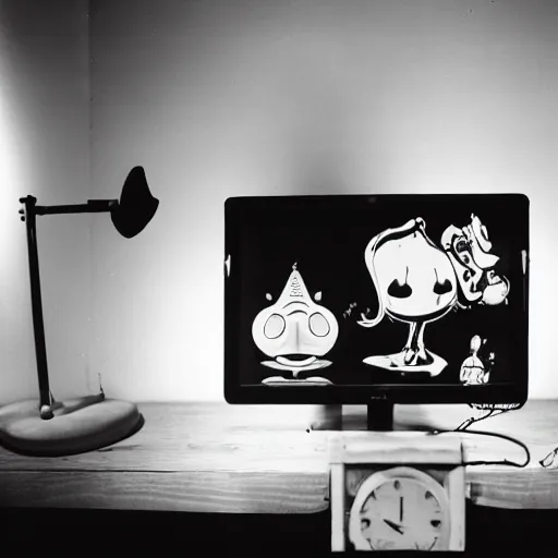 Prompt: a black and white photograph of a mischievous computer screen, by gary baseman, by robert crumb, by jim henson, high contrast, soft lighting, surreal, film photography