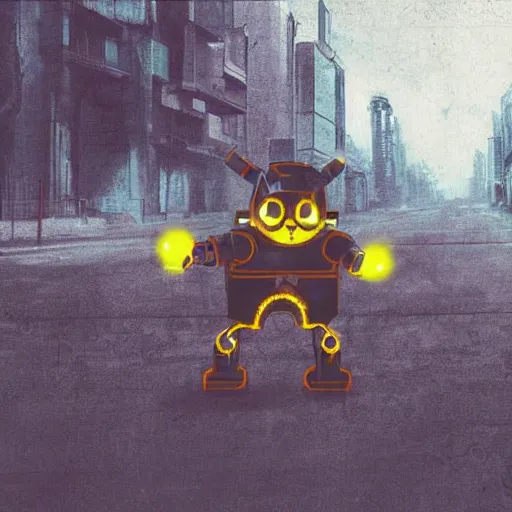 Prompt: robot pikachu cyborg walking on a street, post apocalyptic feeling, photorealistic, cyberpunk