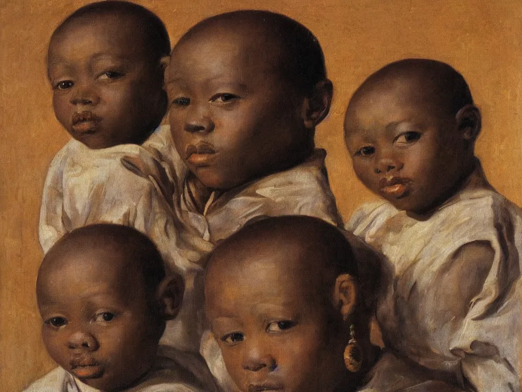 Prompt: Gentle portrait of African Siamese twins. Painting by Velasquez