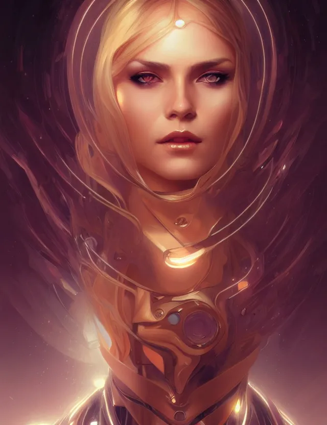 Image similar to futuristic woman portrait, sci-fi, amber eyes, face, long hair, fantasy, intricate, elegant, highly detailed, digital painting, artstation, concept art, smooth, sharp focus, illustration, art by artgerm and greg rutkowski and alphonse mucha