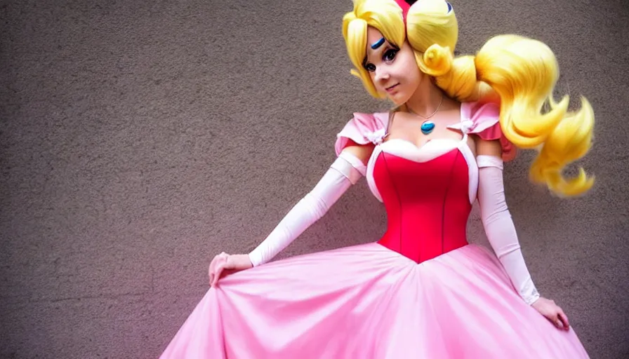 Image similar to amazing cosplay of princess peach from mario, symmetrical, cinematic, real photography, 4 k, ultra hd