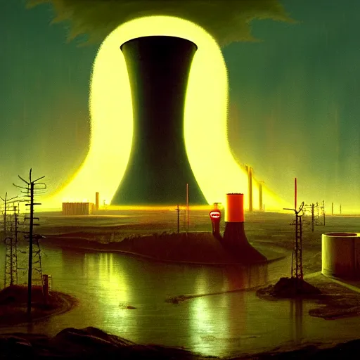 Image similar to A nuclear power plant in utopia by Simon Stålenhag and J.M.W. Turner, oil on canvas; Nuclear Fallout, Art Direction by Adam Adamowicz