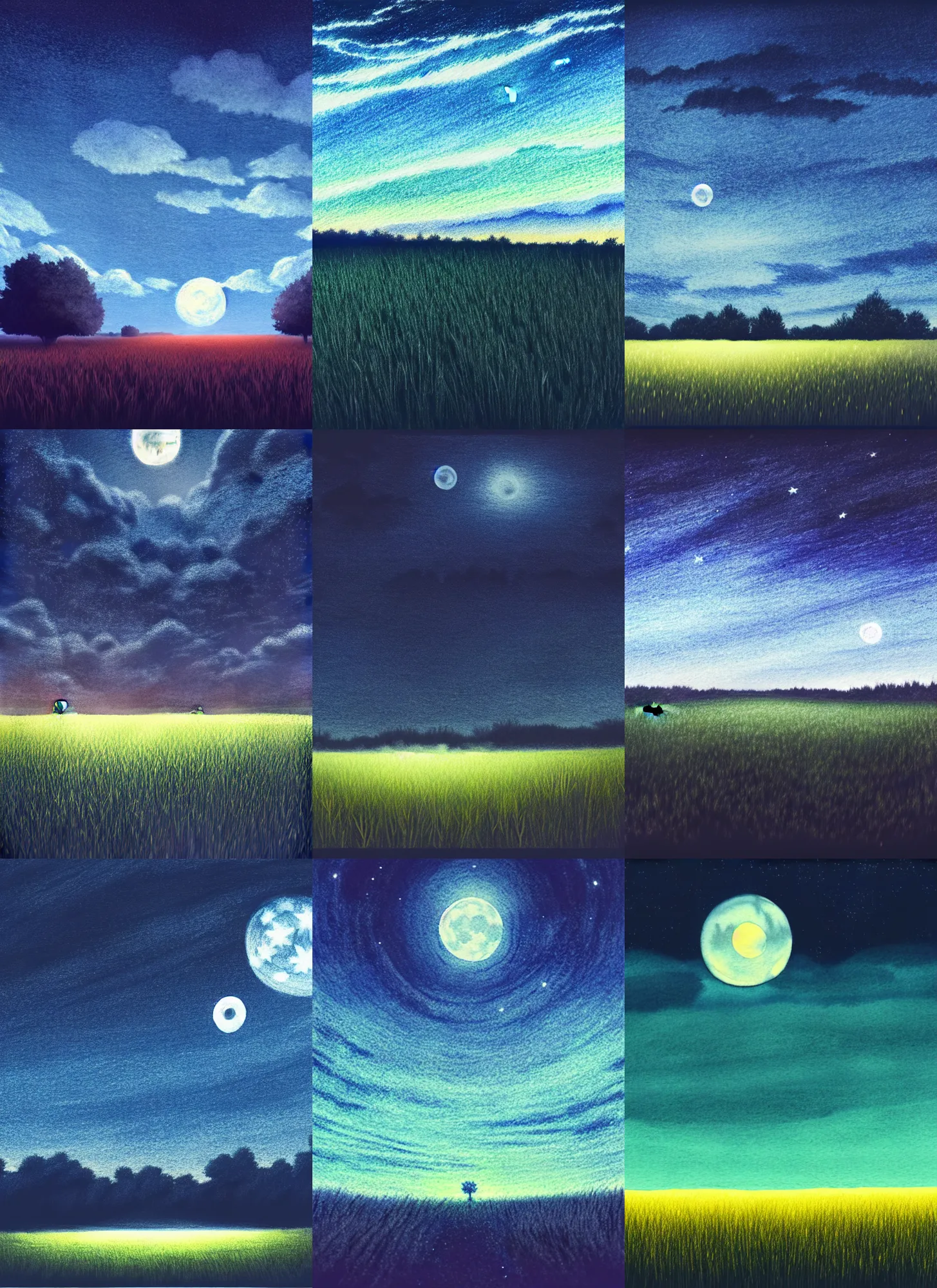 Prompt: a field at night, night time, moonlight, dark blue sky, finely illustrated, highly detailed, colored pencil, good value control, good edge control, anime, animation, octane render, watercolor texture, 8 k