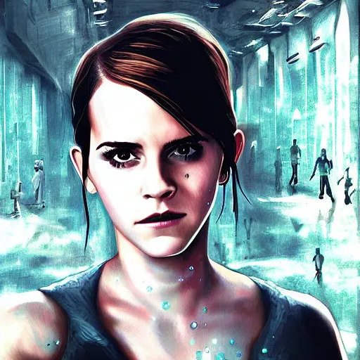 Image similar to emma watson as a cyborg in the matrix, digital art, detailed, painting, fantasy, sci fi