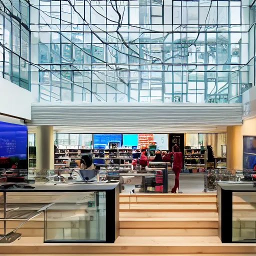 Image similar to photograph of the interior of a Microsoft flagship store in the style of Wes Anderson, architecture magazine, dezeen, 50mm, pentax, film