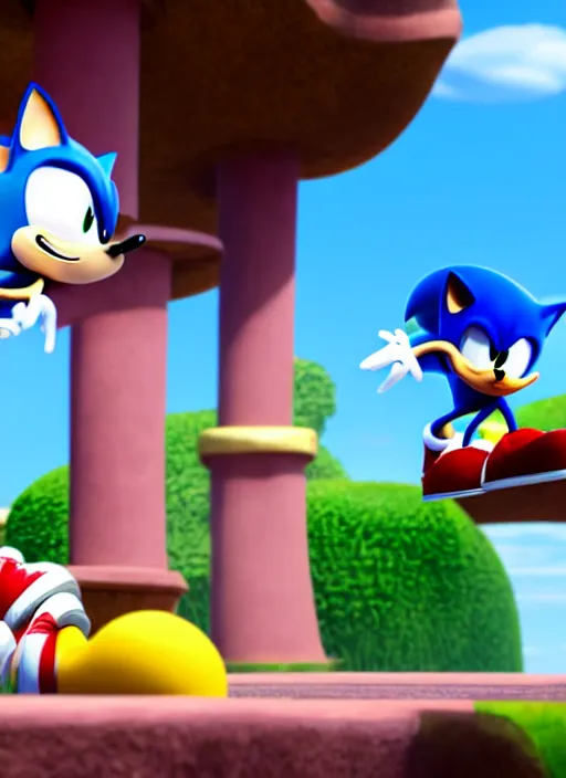 Image similar to sonic the hedgehog and timmy turner from fairly odd parents hanging out, unreal engine render