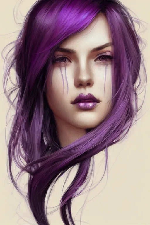 Image similar to Purple hair, creative colouring Portrait of woman face profile, fashion, colored strands of hair, intricate, elegant, highly detailed, digital painting, artstation, concept art, smooth, sharp focus, illustration, art by artgerm and greg rutkowski and alphonse mucha