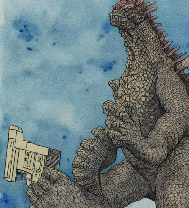 Image similar to a 3 / 4 view watercolor ink painting of godzilla with a glock in the style of jean giraud in the style of moebius trending on artstation deviantart pinterest detailed realistic hd 8 k high resolution