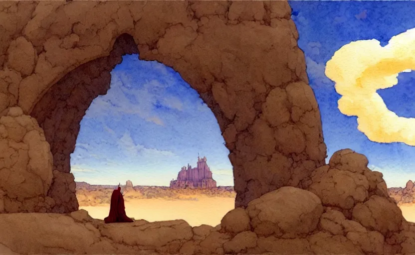 Image similar to a hyperrealist watercolour concept art of a large rock arch dimensional portal in the sky. a medieval monk in grey robes is kneeling in prayer below it on a desert road. by rebecca guay, michael kaluta, charles vess and jean moebius giraud. high detail, hq, wide shot