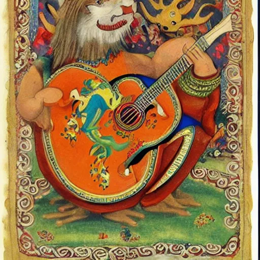 Image similar to russian dragon playing balalika guitar, children tales style,