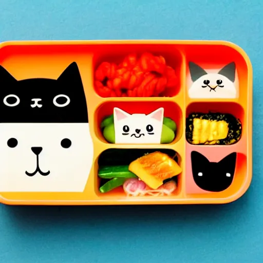 Image similar to a bento box in the shape of a cat. bright colored rush and rice make a picture of a cat in a nice little box.