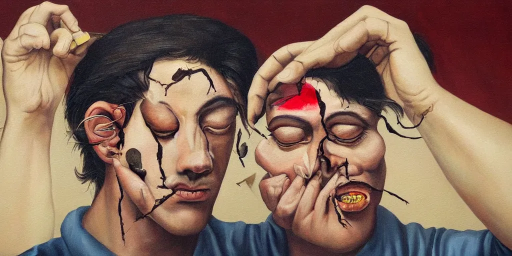 Image similar to a surreal painting of a man removing a nail from the middle of his forehead where he has a third eye