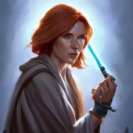 Image similar to portrait of a woman by Greg Rutkowski, old jedi Mara Jade from Star Wars Expanded Universe, she is about 60 years old, wearing blue and white robes, highly detailed portrait, digital painting, artstation, concept art, smooth, sharp foccus ilustration, Artstation HQ