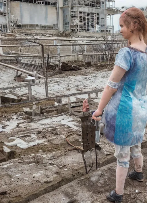 Image similar to humanistic anthropomorphic female axolotl exploring the ruins of chernobyl wasteland