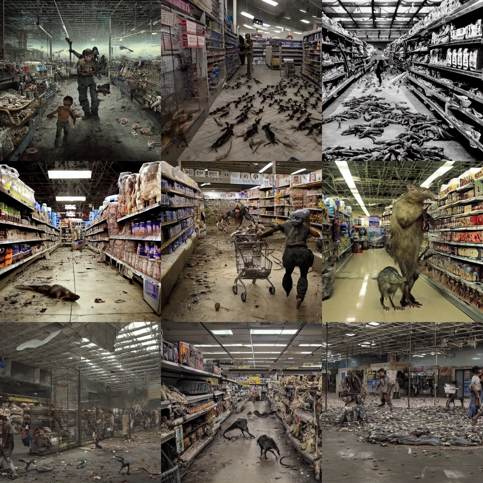 Prompt: inside a dystopian and post apocalyptic Walmart where swarms of rats cover the floor and smiling families trade ammunition for food, in the style of H.R. Giger