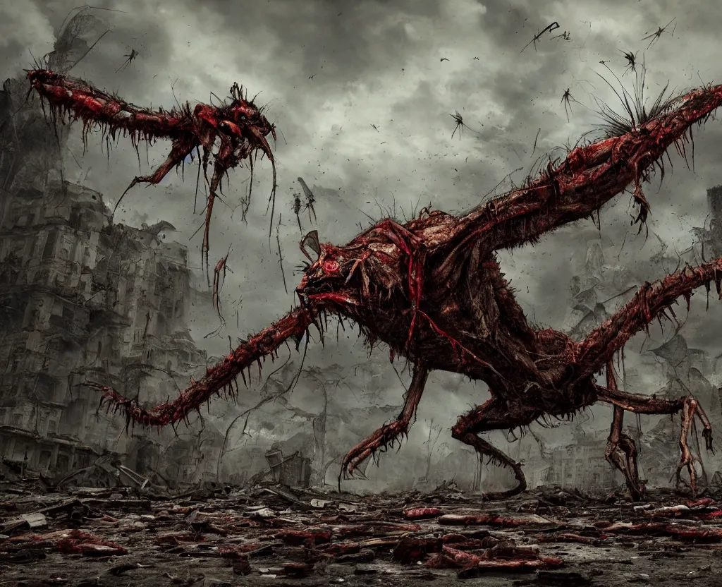 Prompt: Giant mosquito monster flying in the road of the ruined city. Drops of blood and meat with veins on the road. Ruins. Dark colors, high detail, hyperrealism, horror art, 8k, concept art, octane render