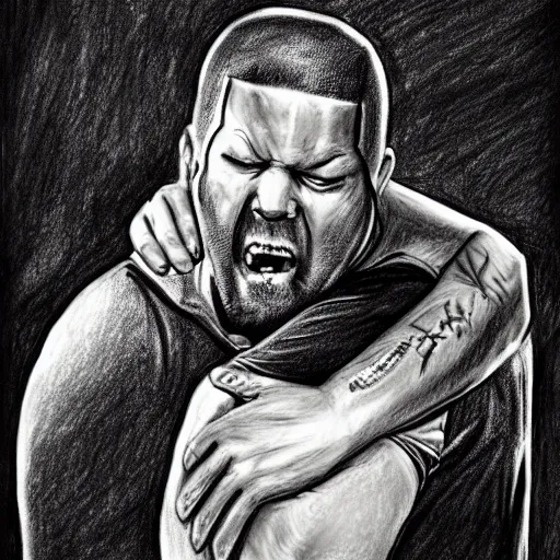 Prompt: drawing of static x singer dwayne static hugging fred durst singer of limp bizkit, drawing, sketch, realism,