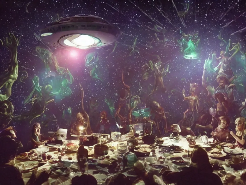 Prompt: a hidden camera shot of aliens having a party inside an ufo, cinematic masterpiece, beautiful lighting