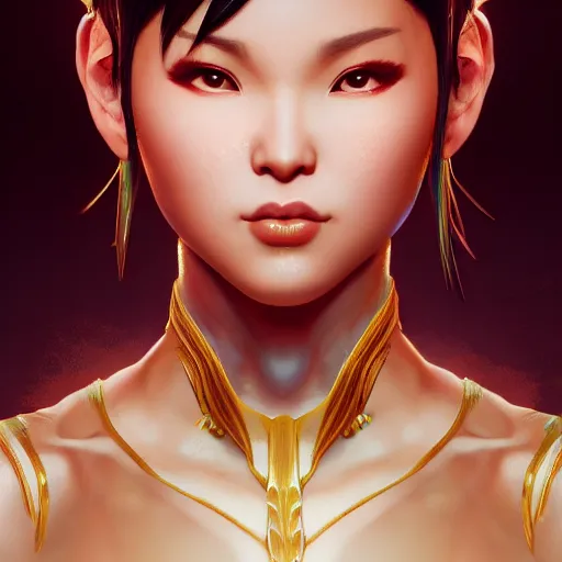 Image similar to portrait of chun li, au naturel, hyper detailed, digital art, trending in artstation, cinematic lighting, studio quality, smooth render, unreal engine 5 rendered, octane rendered, art style by klimt and nixeu and ian sprigger and wlop and krenz cushart.