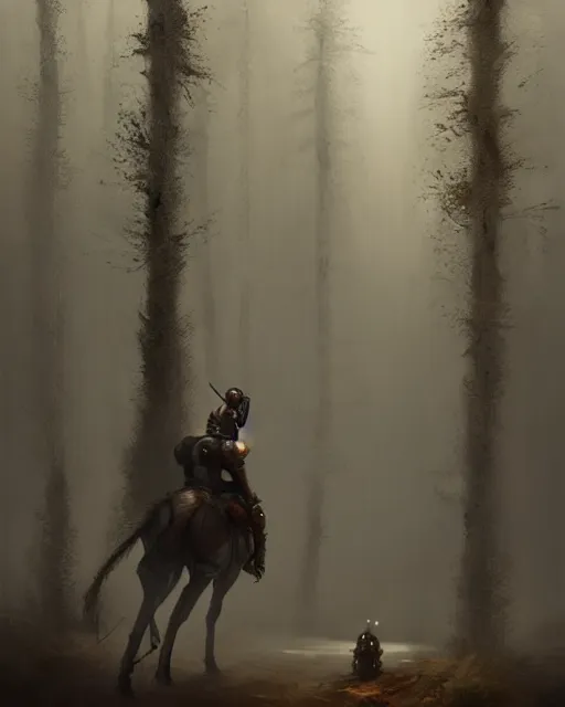 Image similar to Hyper realistic painting of a knight in full plate armor that has completely turned to rust, hyper detailed, surrounded by a dark forest, fog, moody, creepy, cinematic lighting, by greg rutkowski, trending on artstation