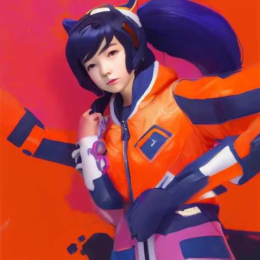 Image similar to waking dream, d. va from overwatch wearing orange ektachrome bomber jacket, craig mullins style