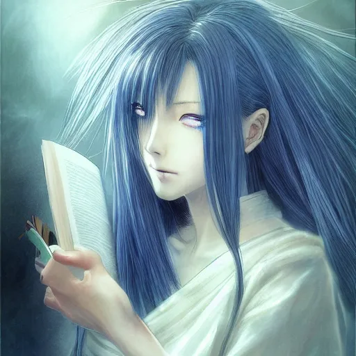 Prompt: a girl reading a book, her hair flowing down, a character portrait by yoshitaka amano, featured on pixiv, fantasy art, official art, androgynous, anime