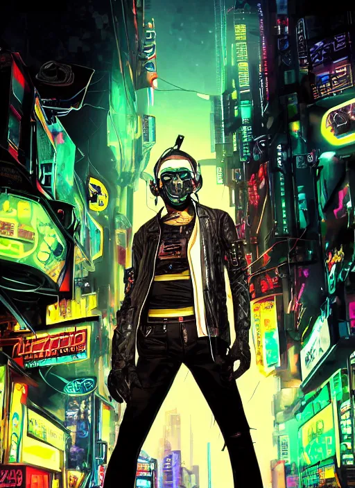 Prompt: Male cyborg, battle-damaged, wearing black leather trenchcoat, a mask, and sunglasses, standing on neon-lit street corner”, full body shot, cyberpunk, Digital art, detailed background, anime, vibrant colors, artist Katsuhiro Otomo