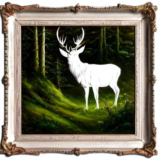 Prompt: bright white stag grazing in a dense green forest, high fantasy, oil painting, high detail.
