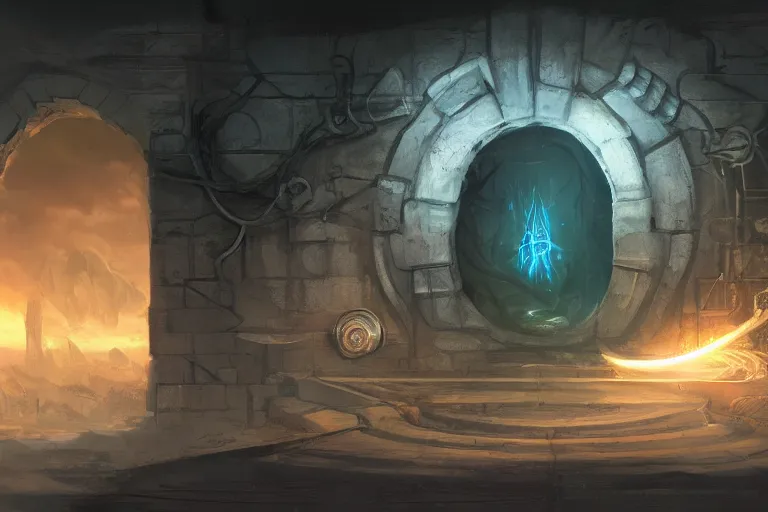 Image similar to concept art, wall with a portal to another world, beautiful, artstation, centered