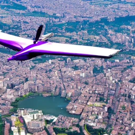 Prompt: a flying with purple wings above city line