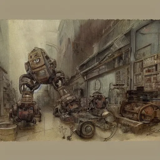 Image similar to (((((((((((cluttered inventors shop full of robots))))))))))) . muted colors. by Jean-Baptiste Monge !!!!!!!!!!!!!!!!!!!!!!!!!!!!!!!!!!!!!!!!