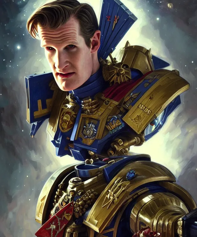 Image similar to Matt Smith Doctor Who as Warhammer 40k Space Marine, portrait, fantasy, intricate, elegant, highly detailed, digital painting, artstation, concept art, smooth, sharp focus, illustration, art by artgerm and greg rutkowski and alphonse mucha