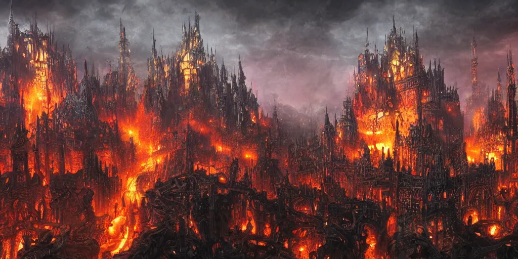 Prompt: Chained fantasy city in hell, by Carl Laubin, with blackened steel chains rising to the sky and castles. Dramatically lit, with intricate details and colours of flame and smoke, matte painting