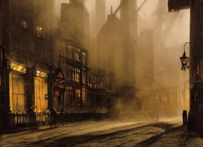 Image similar to 1 9 th century london, art by caspar david friedrich, thomas lawrence, john martin, dark, shady alleys, pub, pub sign, floor fog, coherent composition,