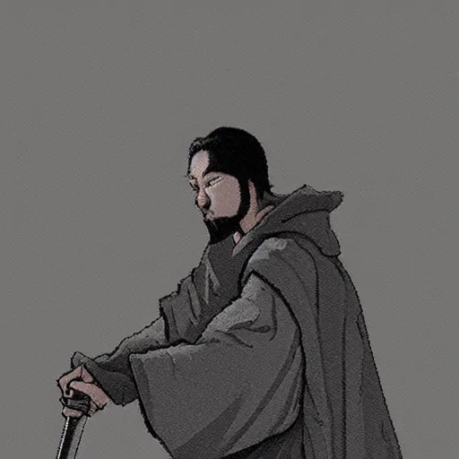 Prompt: a simple illustration of a man in a grey cloak holding a katana